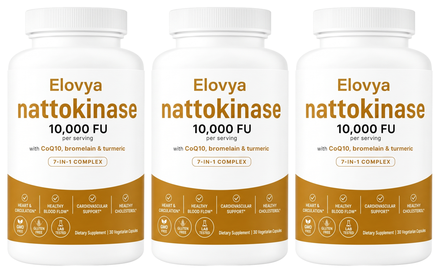 Three Elovya Nattokinase bottles